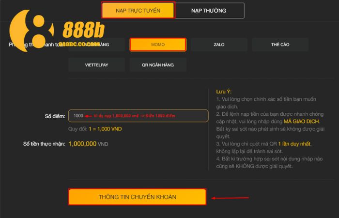 Nạp tiền 888B 3 Nạp tiền vào tài khoản 888B bằng Momo